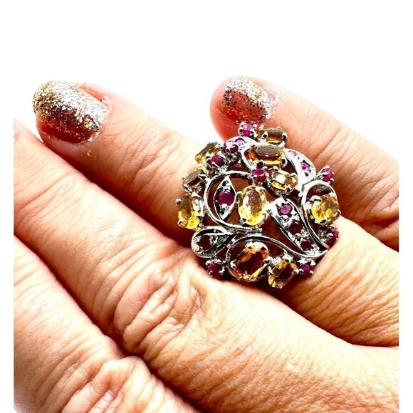 Yellow Citrine and Ruby Domed Sterling Silver Ring Size 7 - Picture 5 of 6